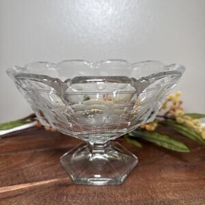 VTG Pressed Depression Etched Glass Pedestal Compote Bowl Clear Fruit Candy Dish